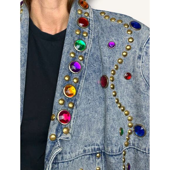 Vintage Acid Wash Denim Jean Stud Embellish Bejewel Rocker Duster 80s Jacket Art - Picture 5 of 14